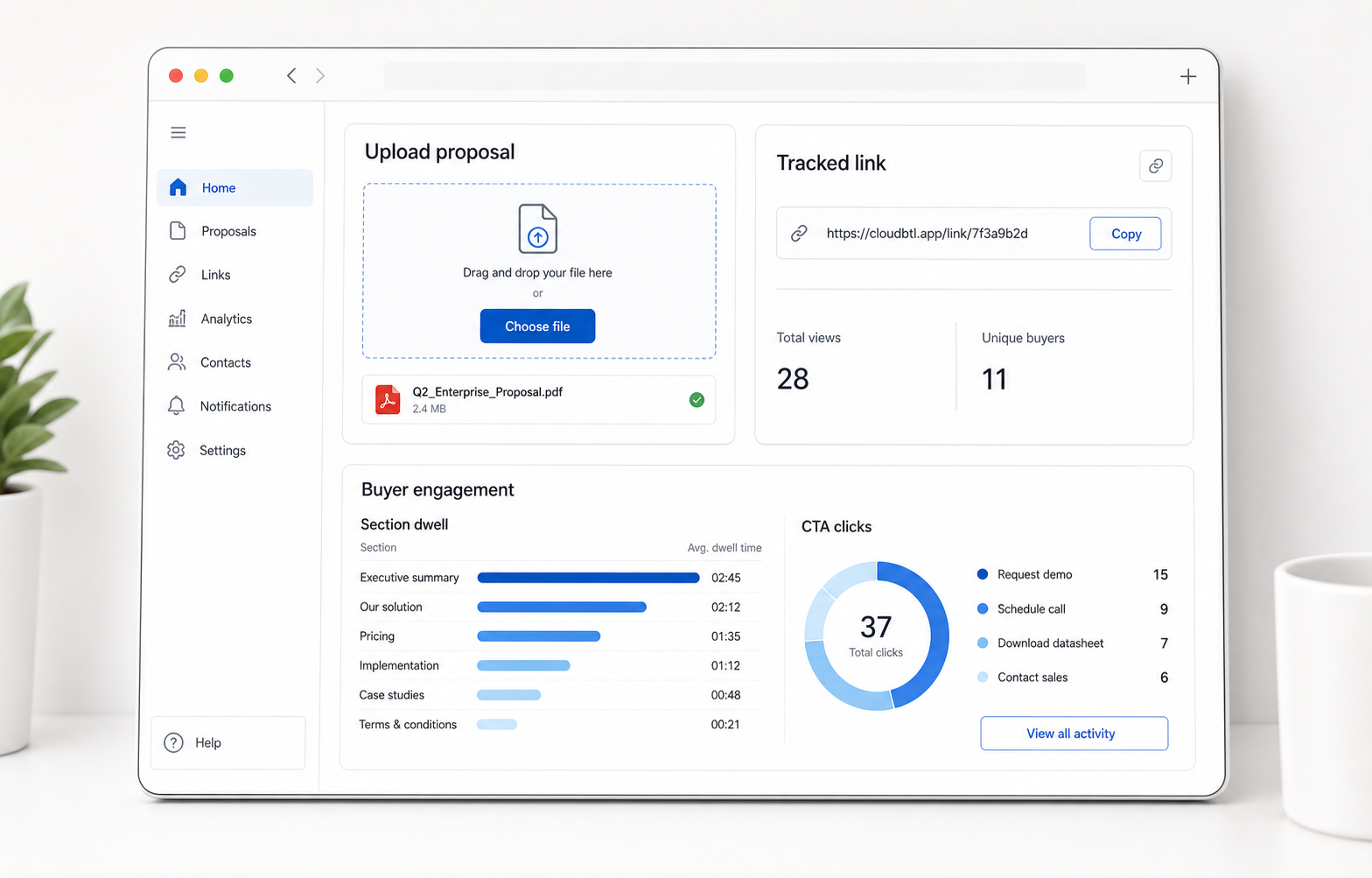 CloudBTL product workflow showing proposal upload, tracked link, and buyer engagement analytics